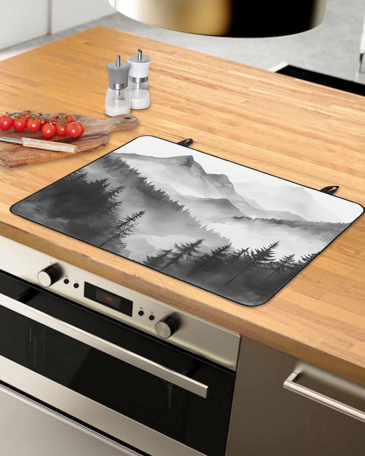 nqOlkjepod Large Induction Cooktop Protector Mat 36"x21", Black Mist Forest Stove Top Covers for Electric Stove, Vintage Natural Mountain Landscape Stove Burner Cover Mats, Glass Top Stove Cover