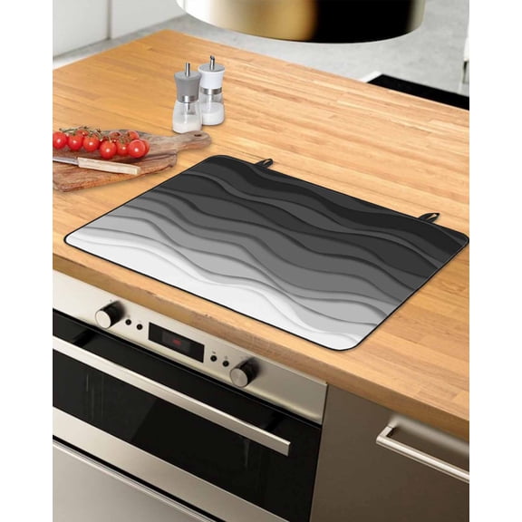 nqOlkjepod Large Induction Cooktop Protector Mat 36"x21", Black Ombre Stripes Stove Top Covers for Electric Stove, Modern Abstract Sea Waves Spray Art Stove Burner Cover Mats, Glass Top Stove Cover