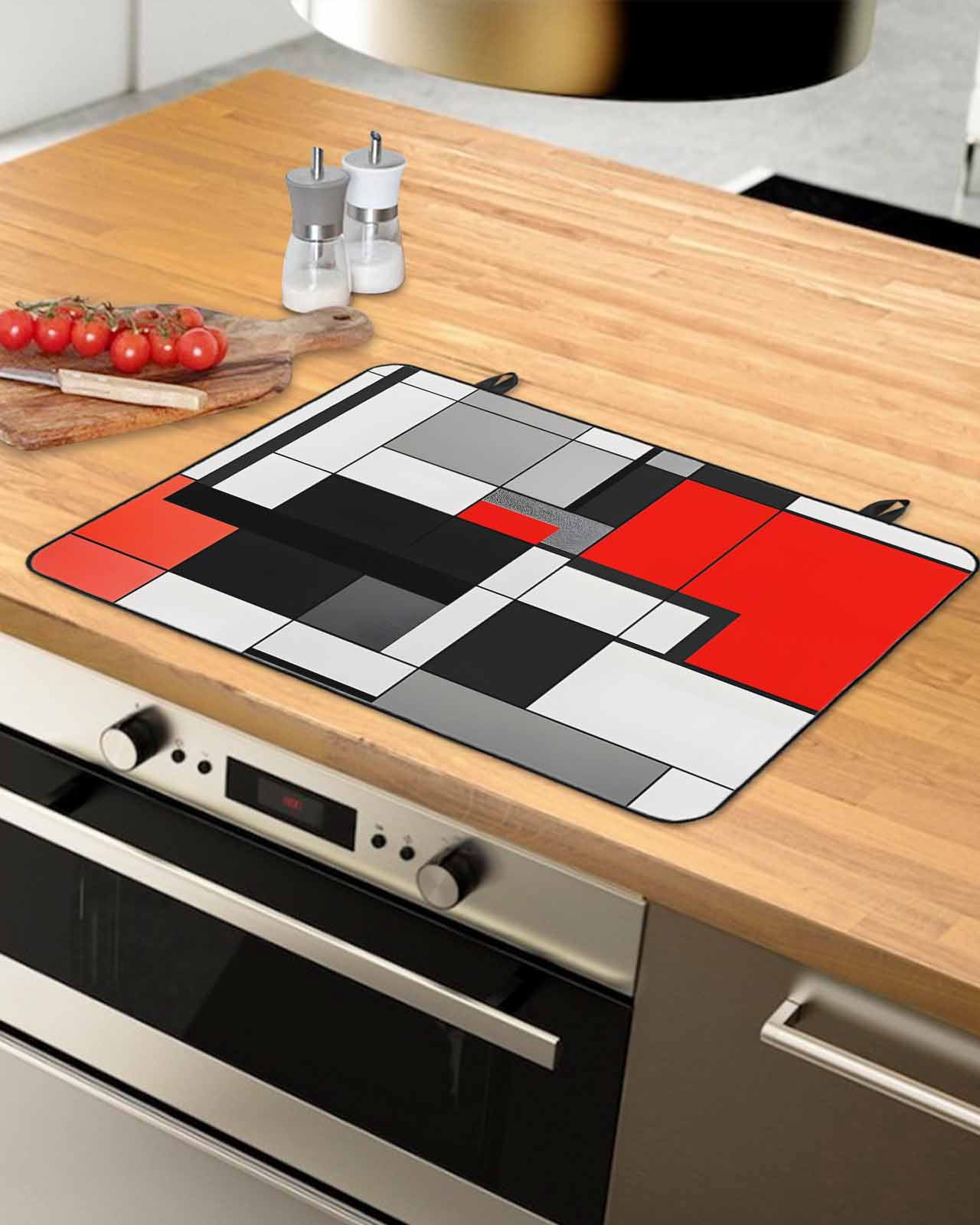 nqOlkjepod Large Induction Cooktop Protector Mat 36"x21", Black Red Geometric Stove Top Covers for Electric Stove, Red White Abstract Art Modern Stove Burner Cover Mats, Glass Top Stove Cover