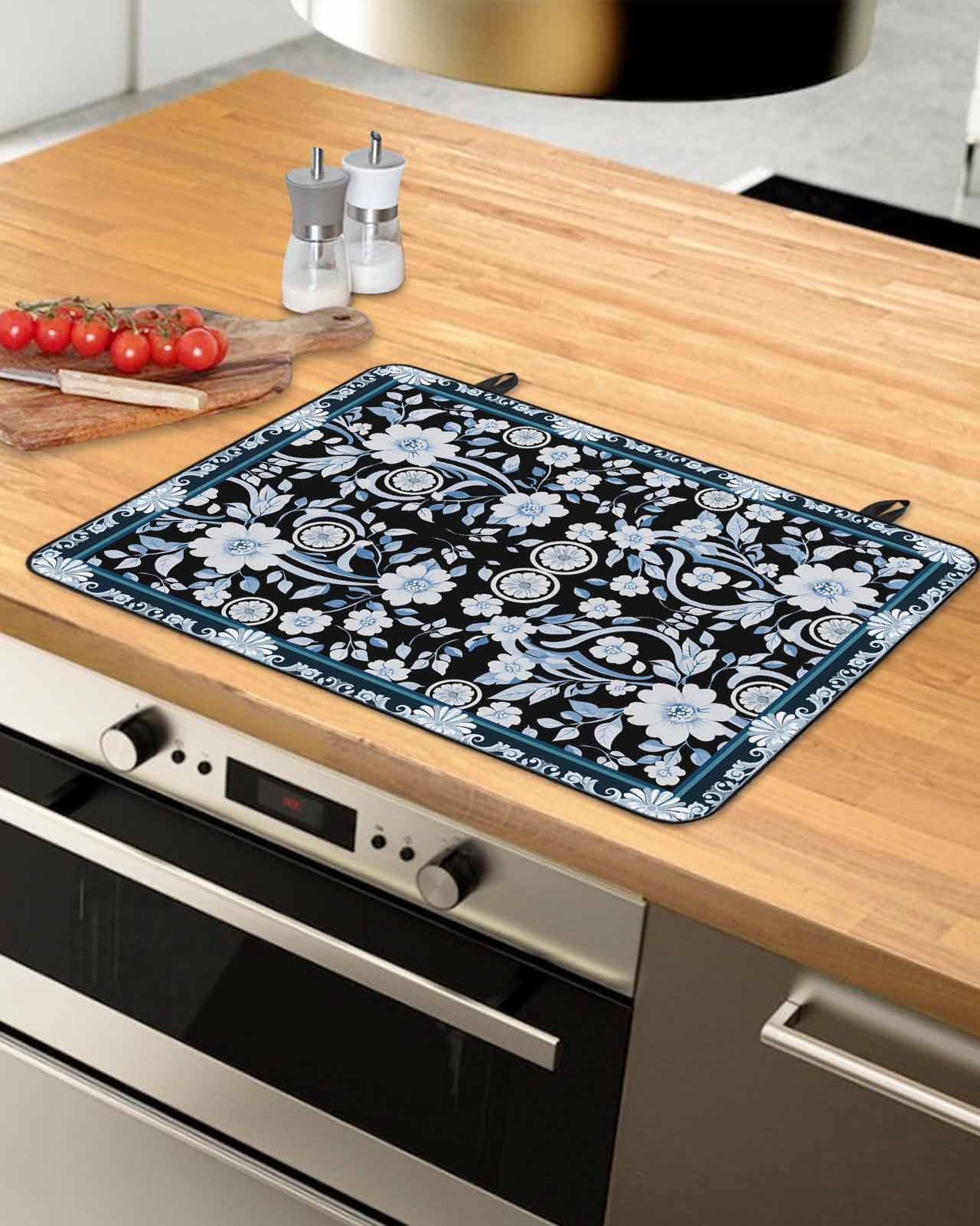 nqOlkjepod Large Induction Cooktop Protector Mat 36"x21", Black White Flowers Stove Top Covers for Electric Stove, Rustic Vintage Botanical Leaves Stove Burner Cover Mats, Glass Top Stove Cover
