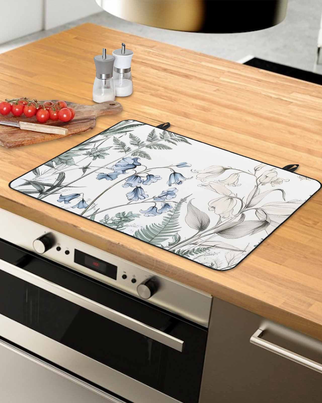 nqOlkjepod Large Induction Cooktop Protector Mat 36"x21", Blue Beige Floral Stove Top Covers for Electric Stove, Farmhouse Botanical Decorative Stove Burner Cover Mats, Glass Top Stove Cover