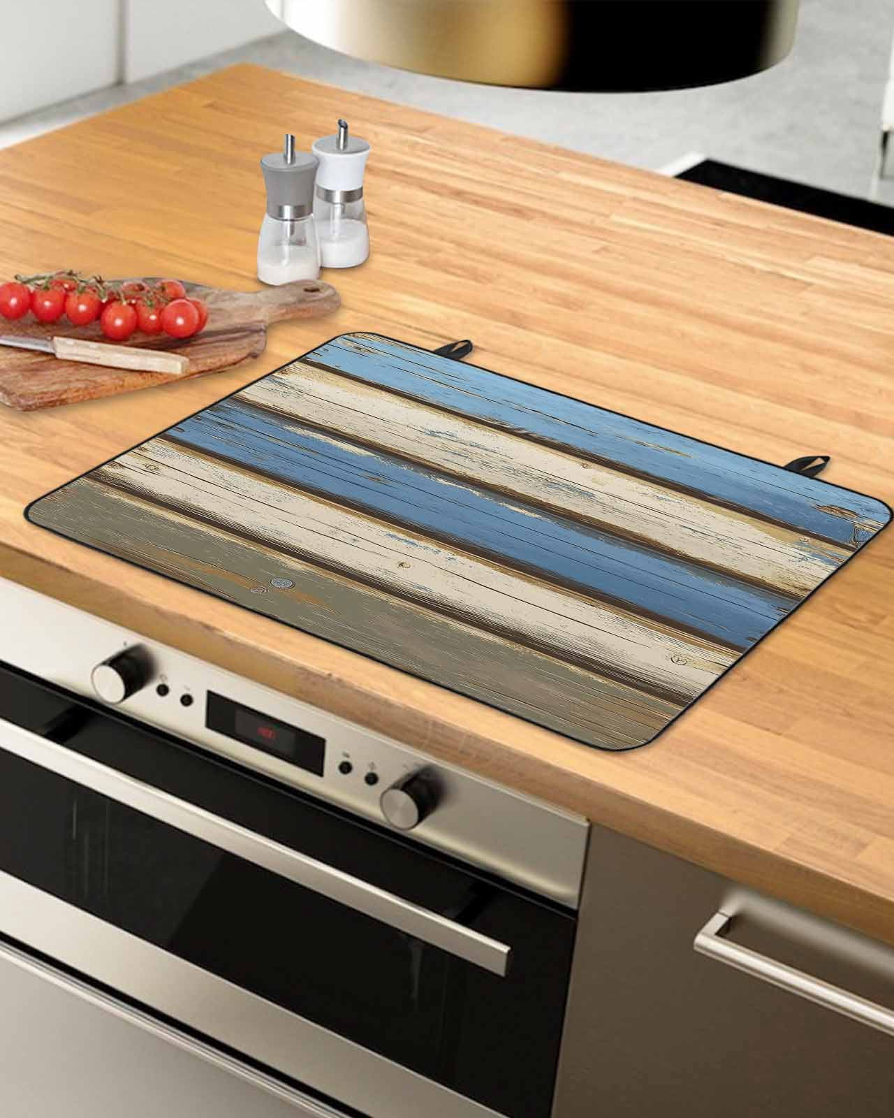 nqOlkjepod Large Induction Cooktop Protector Mat 36"x21", Blue Beige Wood Grain Stove Top Covers for Electric Stove, Modern Shabby Chic Board Stove Burner Cover Mats, Glass Top Stove Cover