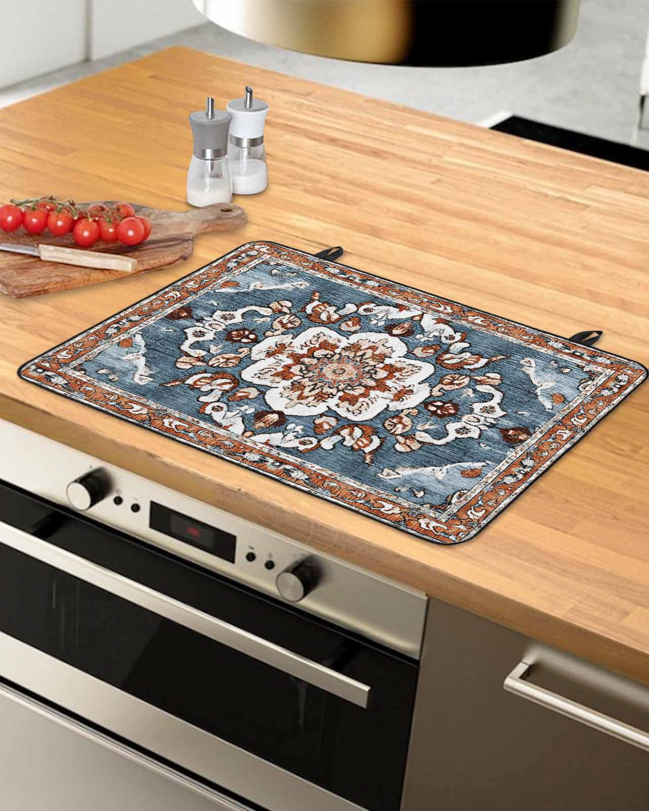 nqOlkjepod Large Induction Cooktop Protector Mat 36"x21", Blue Bohemian Stove Top Covers for Electric Stove, Retro Pattern Oriental Farmhouse Ethnic Stove Burner Cover Mats, Glass Top Stove Cover