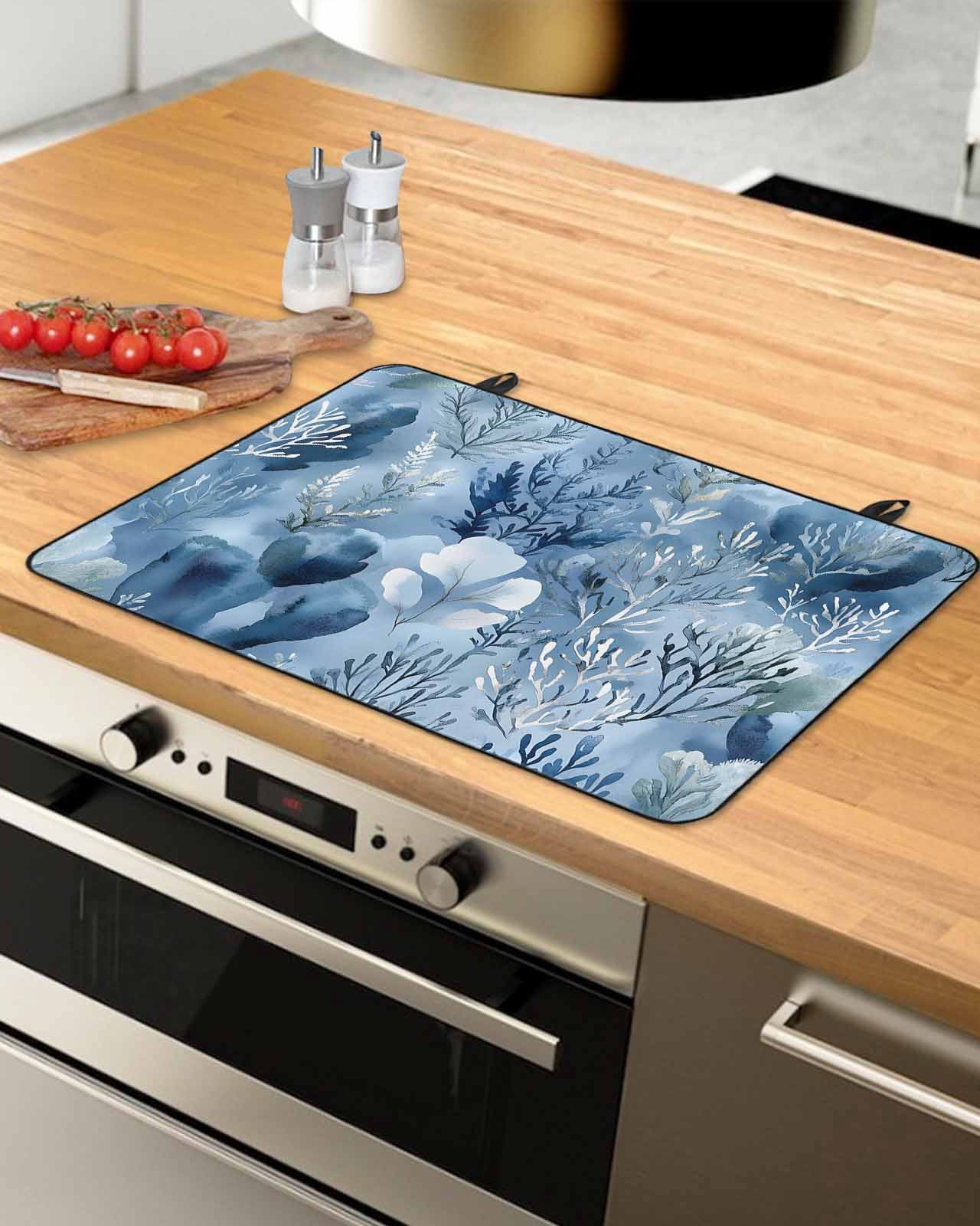 nqOlkjepod Large Induction Cooktop Protector Mat 36"x21", Blue Botanical Art Stove Top Covers for Electric Stove, Pastoral Watercolor Leaf Modern Stove Burner Cover Mats, Glass Top Stove Cover