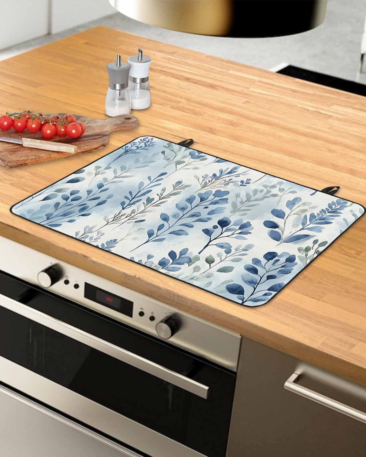 nqOlkjepod Large Induction Cooktop Protector Mat 36"x21", Blue Botanical Stove Top Covers for Electric Stove, Pastoral Spring Summer Leaf Decorative Stove Burner Cover Mats, Glass Top Stove Cover