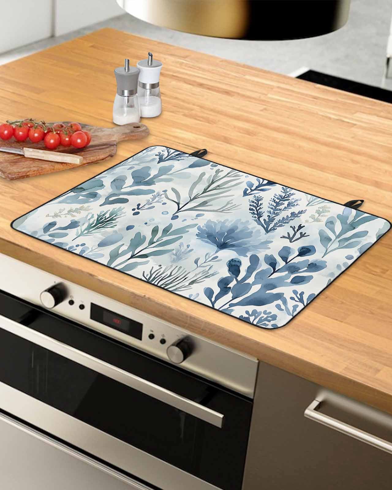 nqOlkjepod Large Induction Cooktop Protector Mat 36"x21", Blue Botanical Stove Top Covers for Electric Stove, Spring Summer Leaf Pastoral Vintage Stove Burner Cover Mats, Glass Top Stove Cover