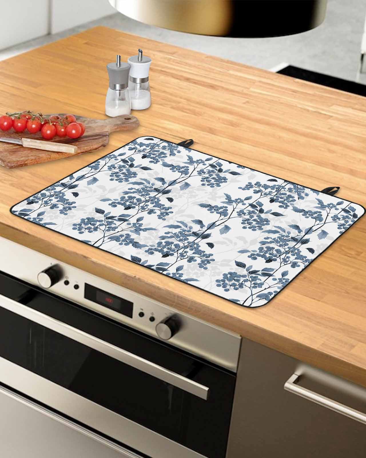 nqOlkjepod Large Induction Cooktop Protector Mat 36"x21", Blue Botanical Stove Top Covers for Electric Stove, Vintage Nature Flower Floral Decorative Stove Burner Cover Mats, Glass Top Stove Cover