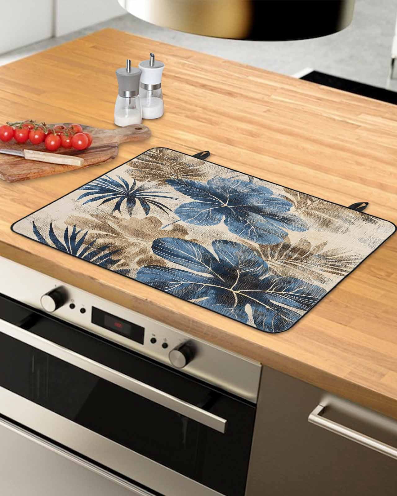 nqOlkjepod Large Induction Cooktop Protector Mat 36"x21", Blue Brown Botanical Stove Top Covers for Electric Stove, Summer Vintage Flowers Decorative Stove Burner Cover Mats, Glass Top Stove Cover