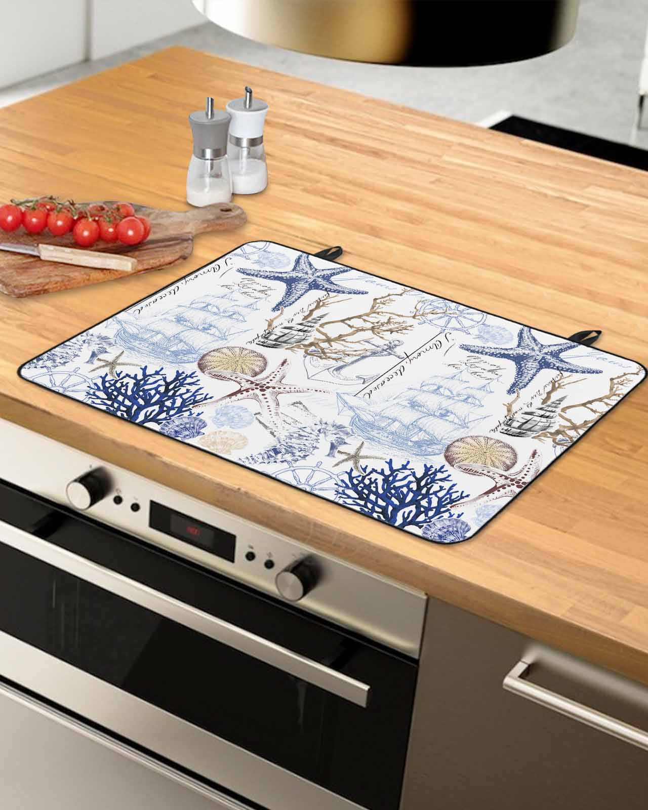 nqOlkjepod Large Induction Cooktop Protector Mat 36"x21", Blue Brown Coastal Stove Top Covers for Electric Stove, Summer Beach Nautical Coral Starfish Stove Burner Cover Mats, Glass Top Stove Cover
