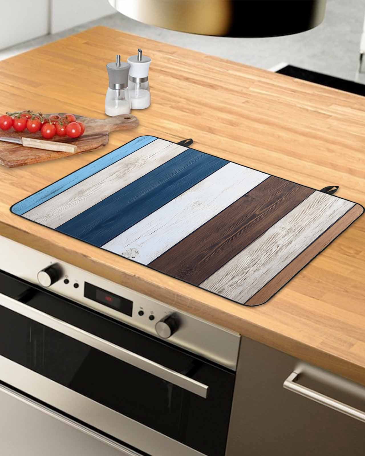 nqOlkjepod Large Induction Cooktop Protector Mat 36"x21", Blue Brown Farmhouse Stove Top Covers for Electric Stove, Vintage Retro Wooden Decorative Stove Burner Cover Mats, Glass Top Stove Cover