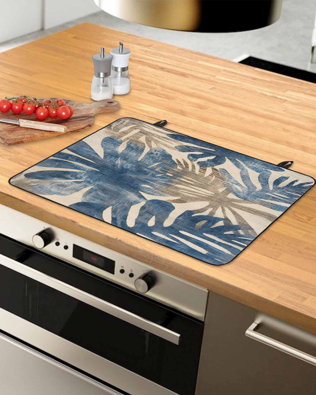 nqOlkjepod Large Induction Cooktop Protector Mat 36"x21", Blue Brown Palm Leaf Stove Top Covers for Electric Stove, Summer Farmhouse Botanical Stove Burner Cover Mats, Glass Top Stove Cover