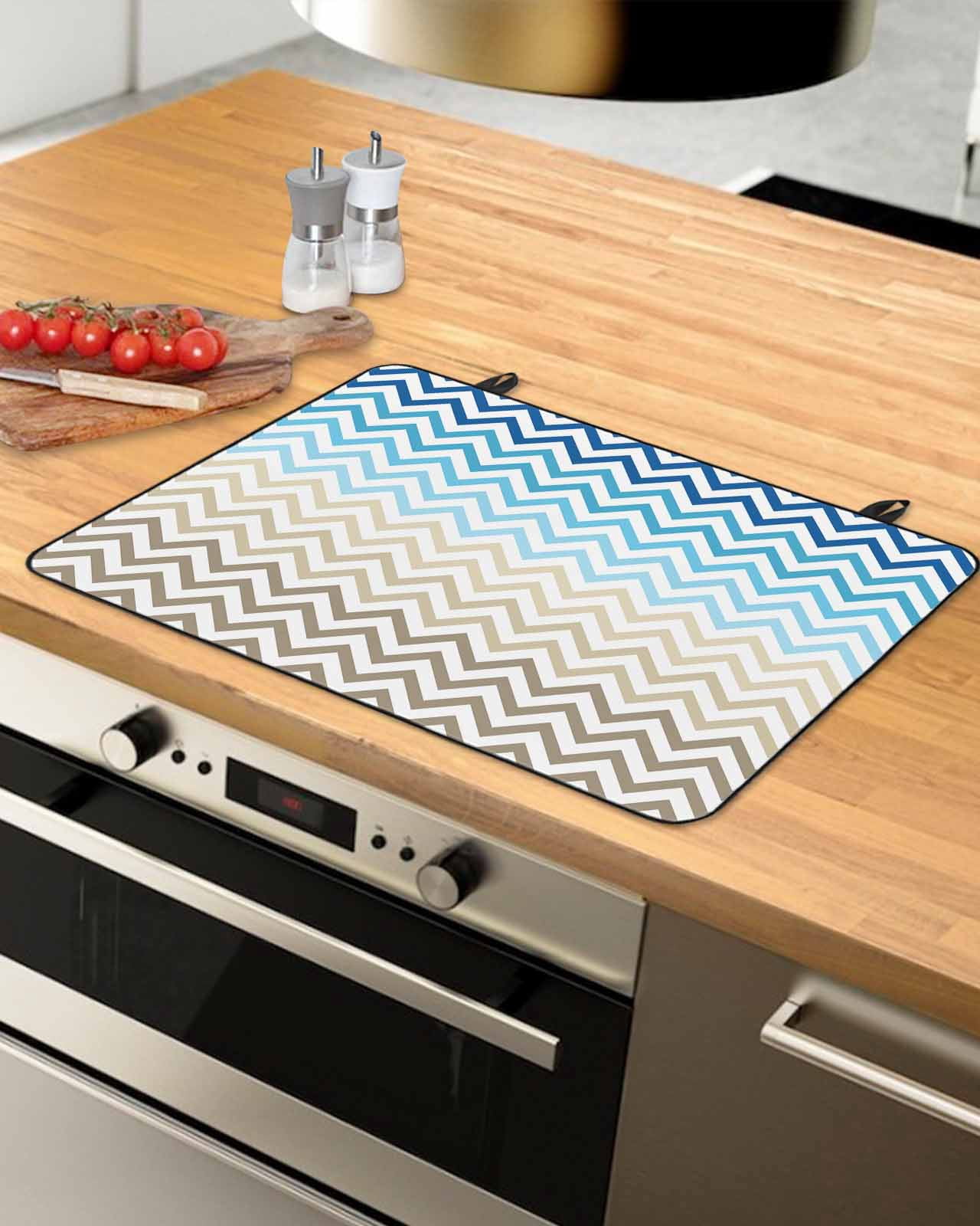 nqOlkjepod Large Induction Cooktop Protector Mat 36"x21", Blue Brown Stove Top Covers for Electric Stove, Modern Chevron Waves Khaki Geometric Stripes Stove Burner Cover Mats, Glass Top Stove Cover