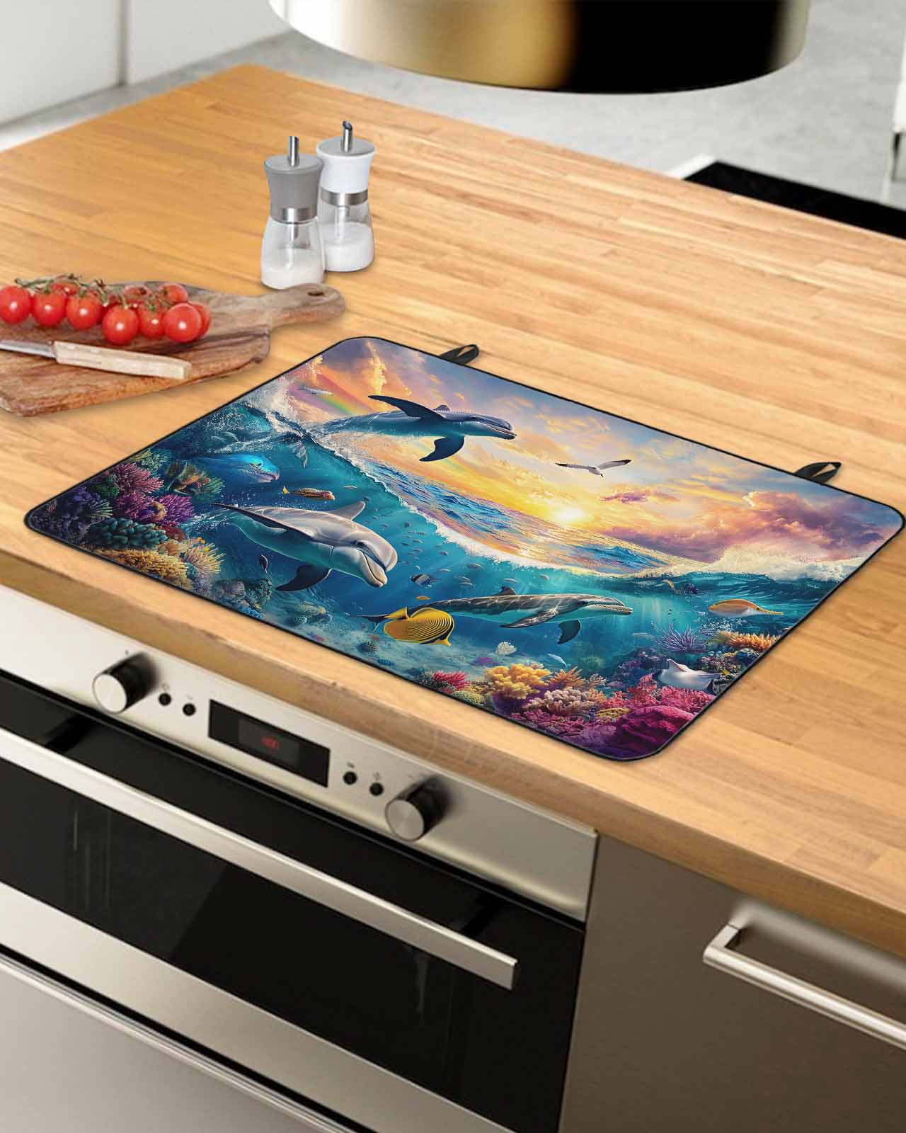 nqOlkjepod Large Induction Cooktop Protector Mat 36"x21", Blue Coastal Stove Top Covers for Electric Stove, Dolphin Summer Beach Nautical Ocean Stove Burner Cover Mats, Glass Top Stove Cover