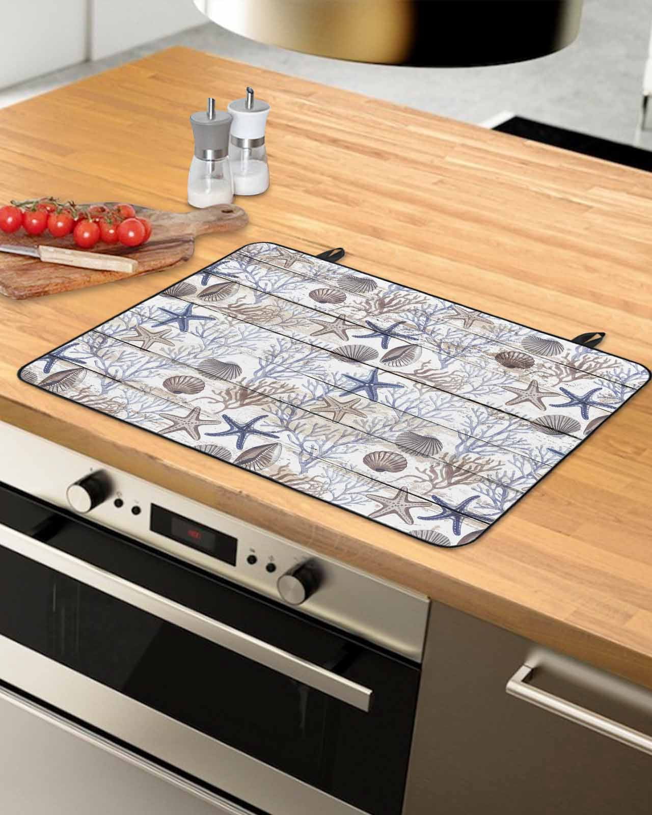 nqOlkjepod Large Induction Cooktop Protector Mat 36"x21", Blue Coastal Stove Top Covers for Electric Stove, Starfish Shell Coral Ocean Wooden Stove Burner Cover Mats, Glass Top Stove Cover