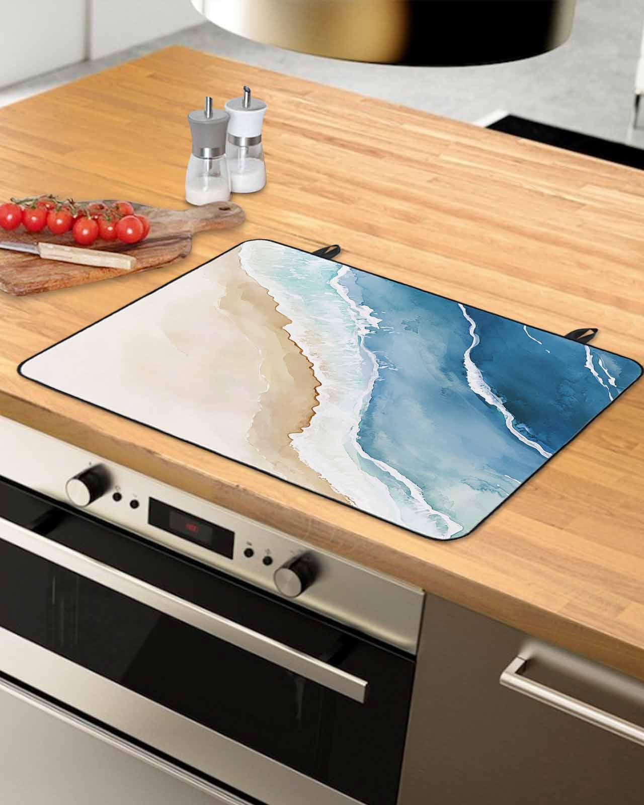 nqOlkjepod Large Induction Cooktop Protector Mat 36"x21", Blue Coastal Stove Top Covers for Electric Stove, Summer Beach Waves Nautical Watercolor Stove Burner Cover Mats, Glass Top Stove Cover