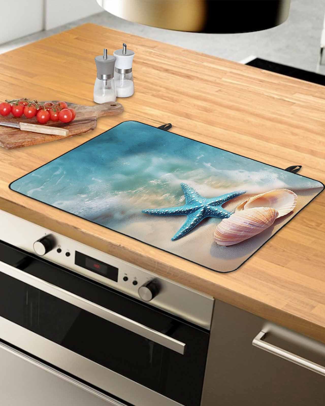 nqOlkjepod Large Induction Cooktop Protector Mat 36"x21", Blue Coastal Stove Top Covers for Electric Stove, Summer Nautical Seaside Starfish Shell Stove Burner Cover Mats, Glass Top Stove Cover