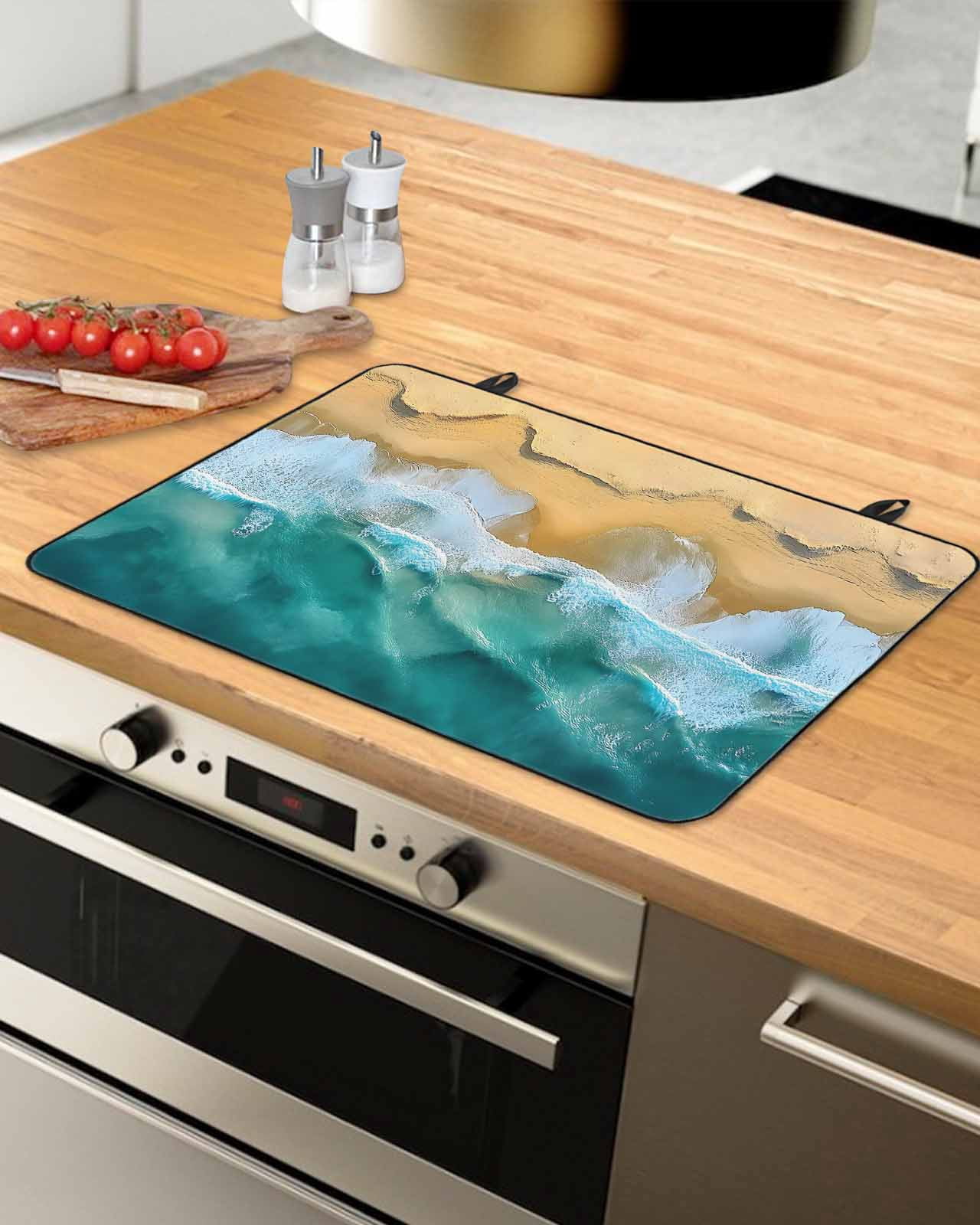 nqOlkjepod Large Induction Cooktop Protector Mat 36"x21", Blue Coastal Stove Top Covers for Electric Stove, Yellow Beach Ocean Modern Oil Painting Stove Burner Cover Mats, Glass Top Stove Cover