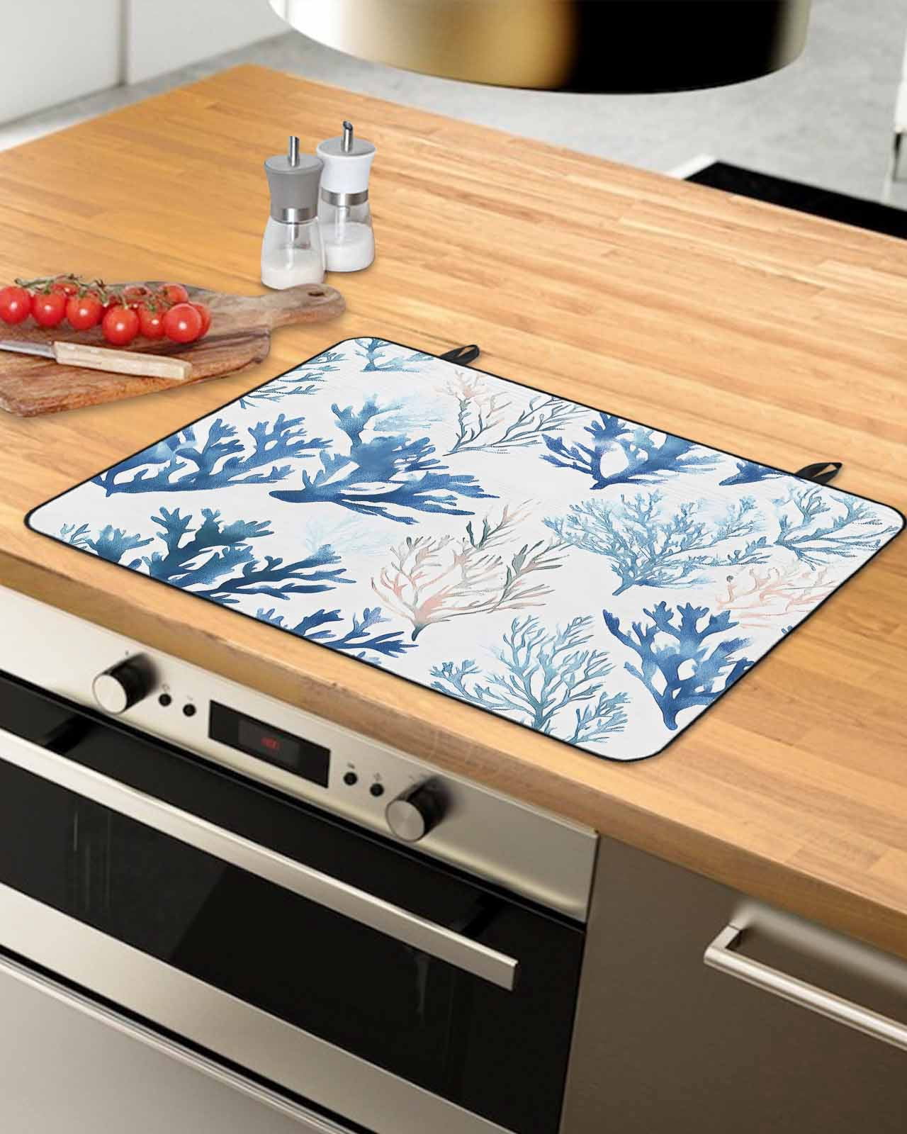 nqOlkjepod Large Induction Cooktop Protector Mat 36"x21", Blue Coral Coastal Stove Top Covers for Electric Stove, Summer Watercolor Ocean Decorative Stove Burner Cover Mats, Glass Top Stove Cover