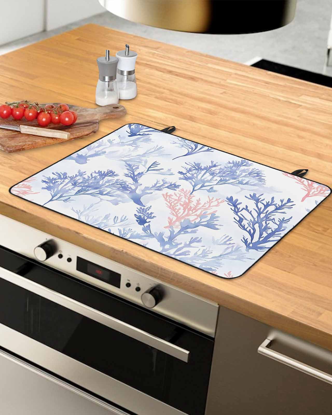 nqOlkjepod Large Induction Cooktop Protector Mat 36"x21", Blue Coral Coastal Stove Top Covers for Electric Stove, Watercolor Ocean Watercolor Stove Burner Cover Mats, Glass Top Stove Cover