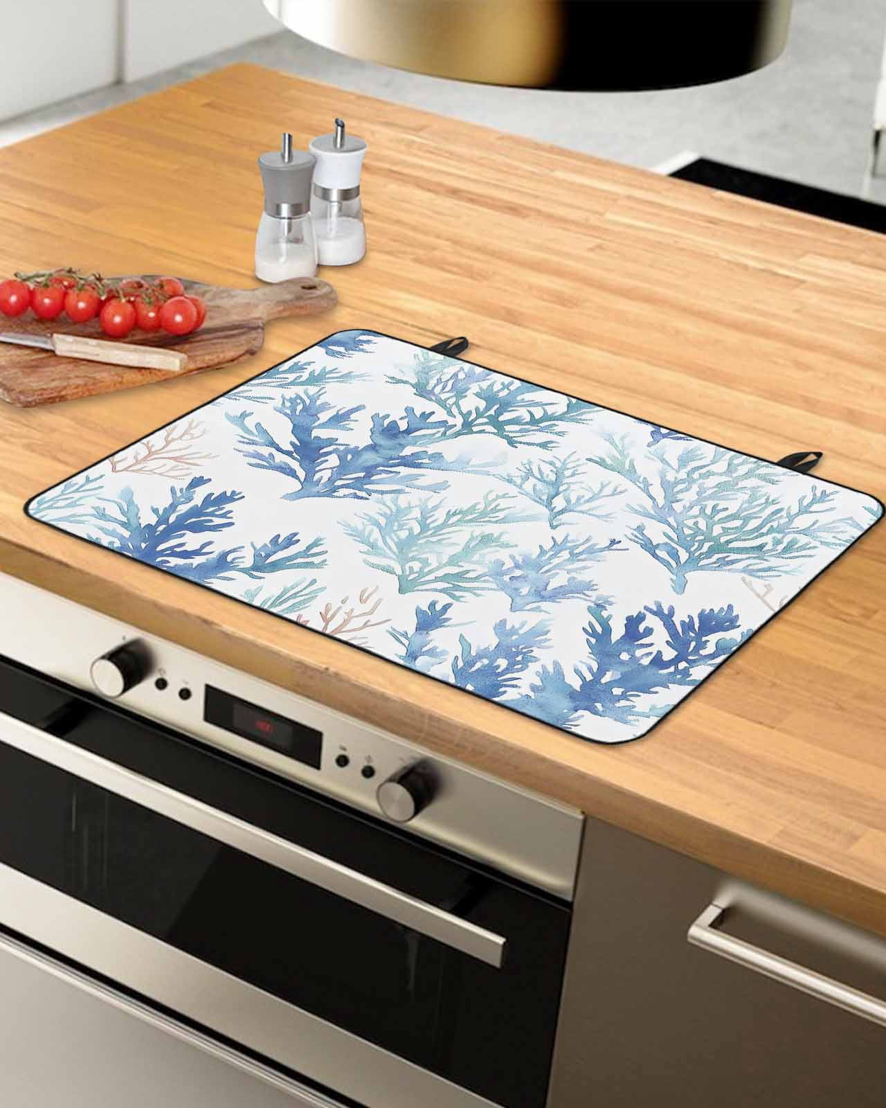 nqOlkjepod Large Induction Cooktop Protector Mat 36"x21", Blue Coral Coastal Stove Top Covers for Electric Stove, Watercolor Summer Beach Coral Stove Burner Cover Mats, Glass Top Stove Cover