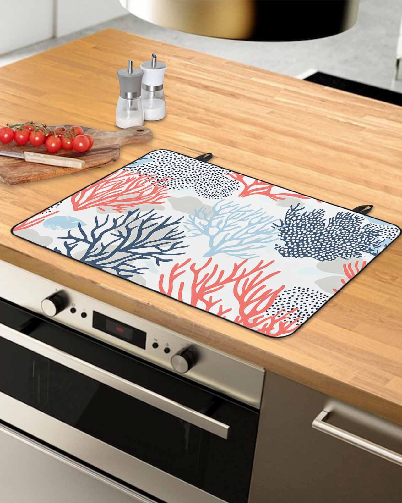 nqOlkjepod Large Induction Cooktop Protector Mat 36"x21", Blue Coral Stove Top Covers for Electric Stove, Summer Watercolor Ocean Botanical Textured Stove Burner Cover Mats, Glass Top Stove Cover