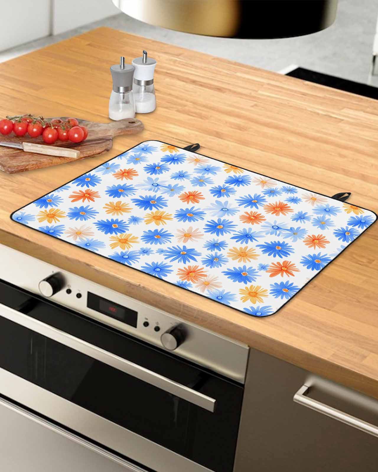 nqOlkjepod Large Induction Cooktop Protector Mat 36"x21", Blue Flower Stove Top Covers for Electric Stove, Cartoon Daisy Garden Florals Watercolor Stove Burner Cover Mats, Glass Top Stove Cover