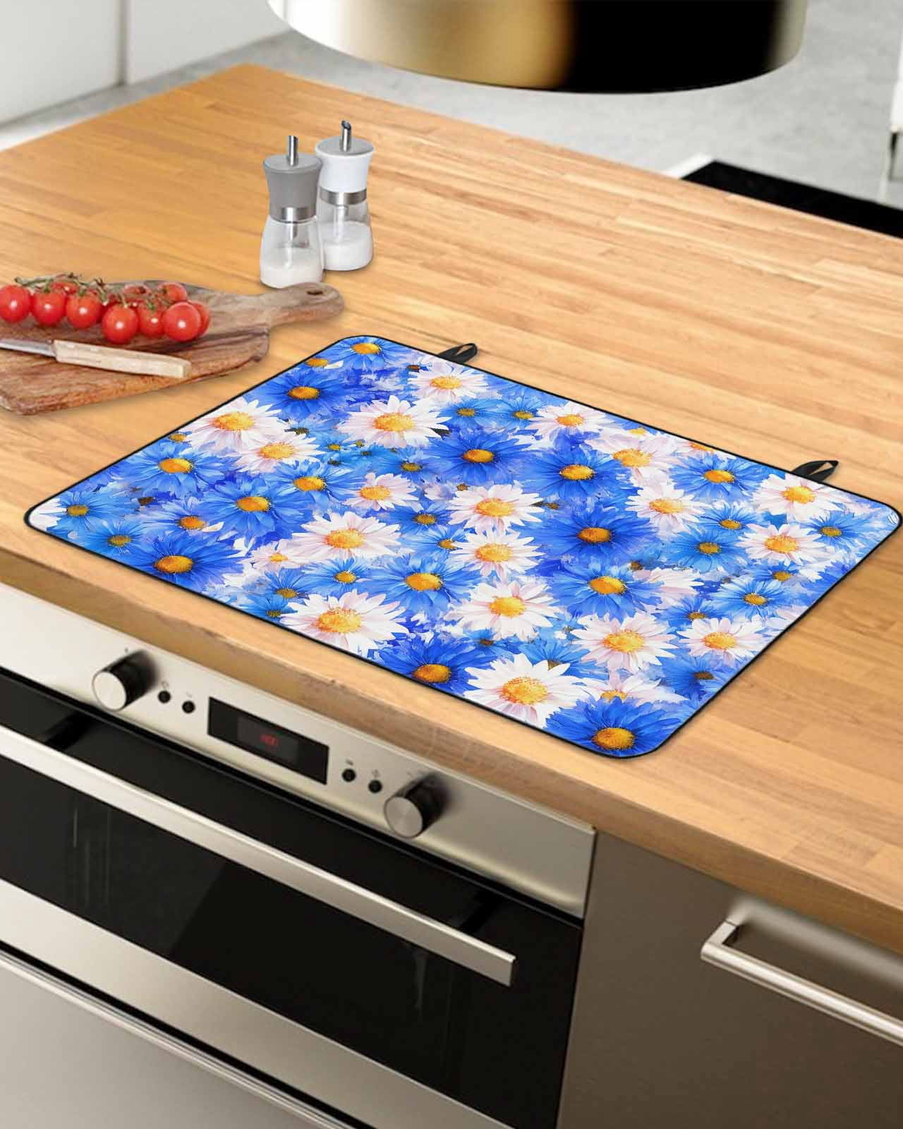 nqOlkjepod Large Induction Cooktop Protector Mat 36"x21", Blue Flower Stove Top Covers for Electric Stove, White Daisy Watercolor Floral Modern Painting Stove Burner Cover Mats Stove Cover