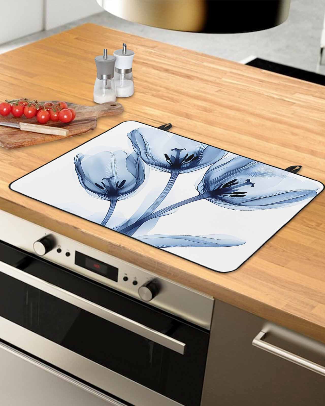 nqOlkjepod Large Induction Cooktop Protector Mat 36"x21", Blue Flowers Stove Top Covers for Electric Stove, Gradient Botanical Tulip Floral Plants Stove Burner Cover Mats, Glass Top Stove Cover