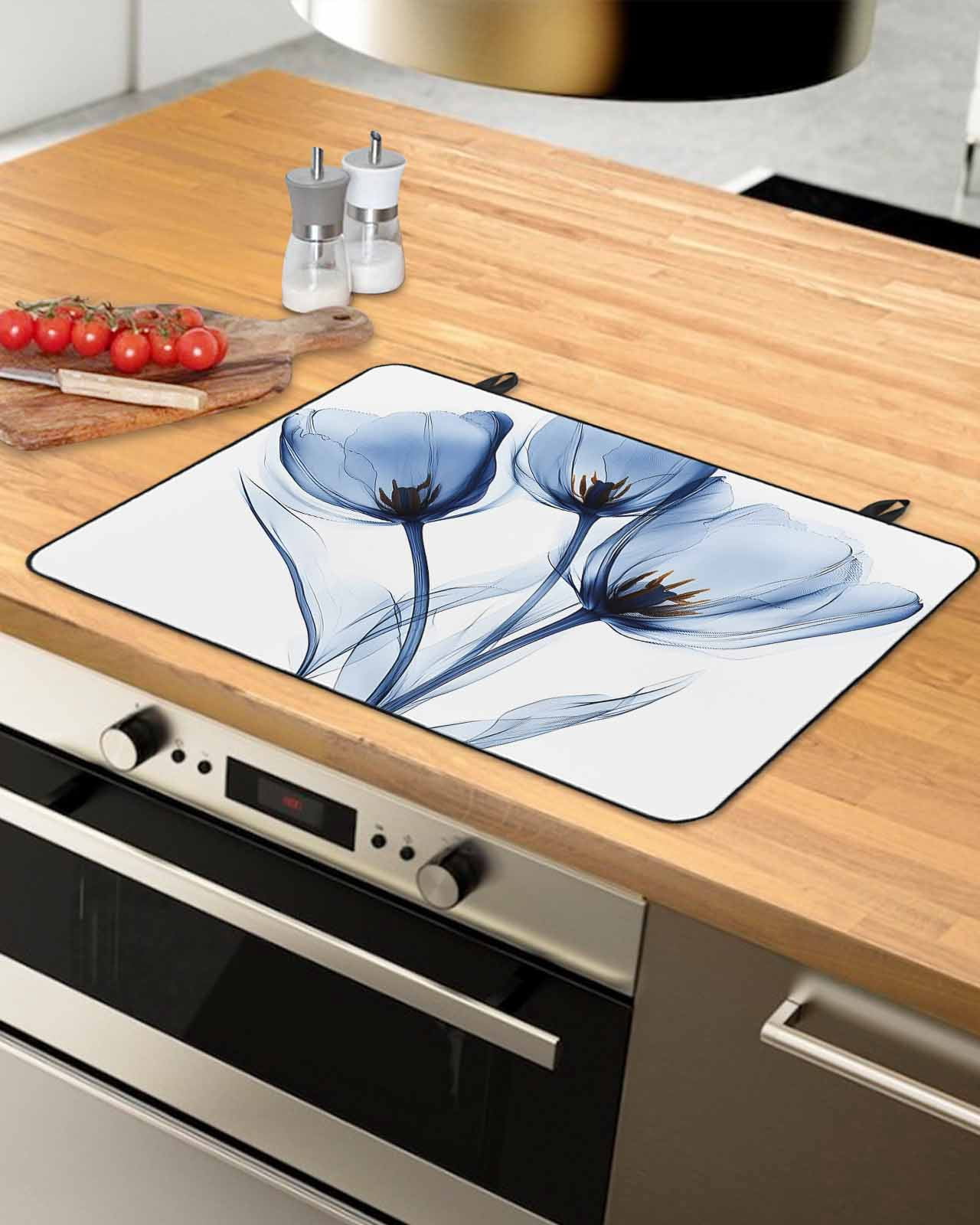 nqOlkjepod Large Induction Cooktop Protector Mat 36"x21", Blue Flowers Stove Top Covers for Electric Stove, Simple Gradient Tulip Floral Branches Stove Burner Cover Mats, Glass Top Stove Cover