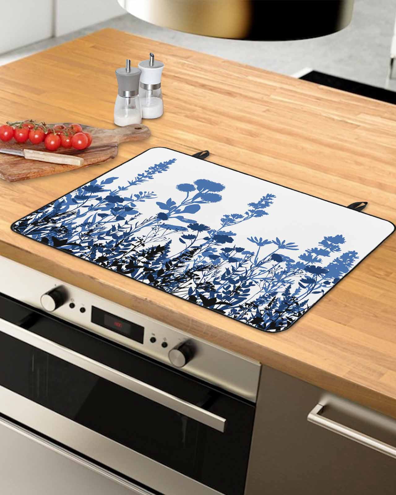 nqOlkjepod Large Induction Cooktop Protector Mat 36"x21", Blue Flowers Stove Top Covers for Electric Stove, Simple Spring Ombre Botanical Floral Stove Burner Cover Mats, Glass Top Stove Cover
