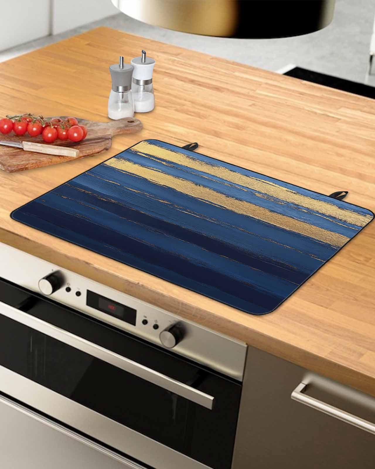 nqOlkjepod Large Induction Cooktop Protector Mat 36"x21", Blue Gold Wave Stove Top Covers for Electric Stove, Summer Coastal Ocean Stripe Decorative Stove Burner Cover Mats, Glass Top Stove Cover