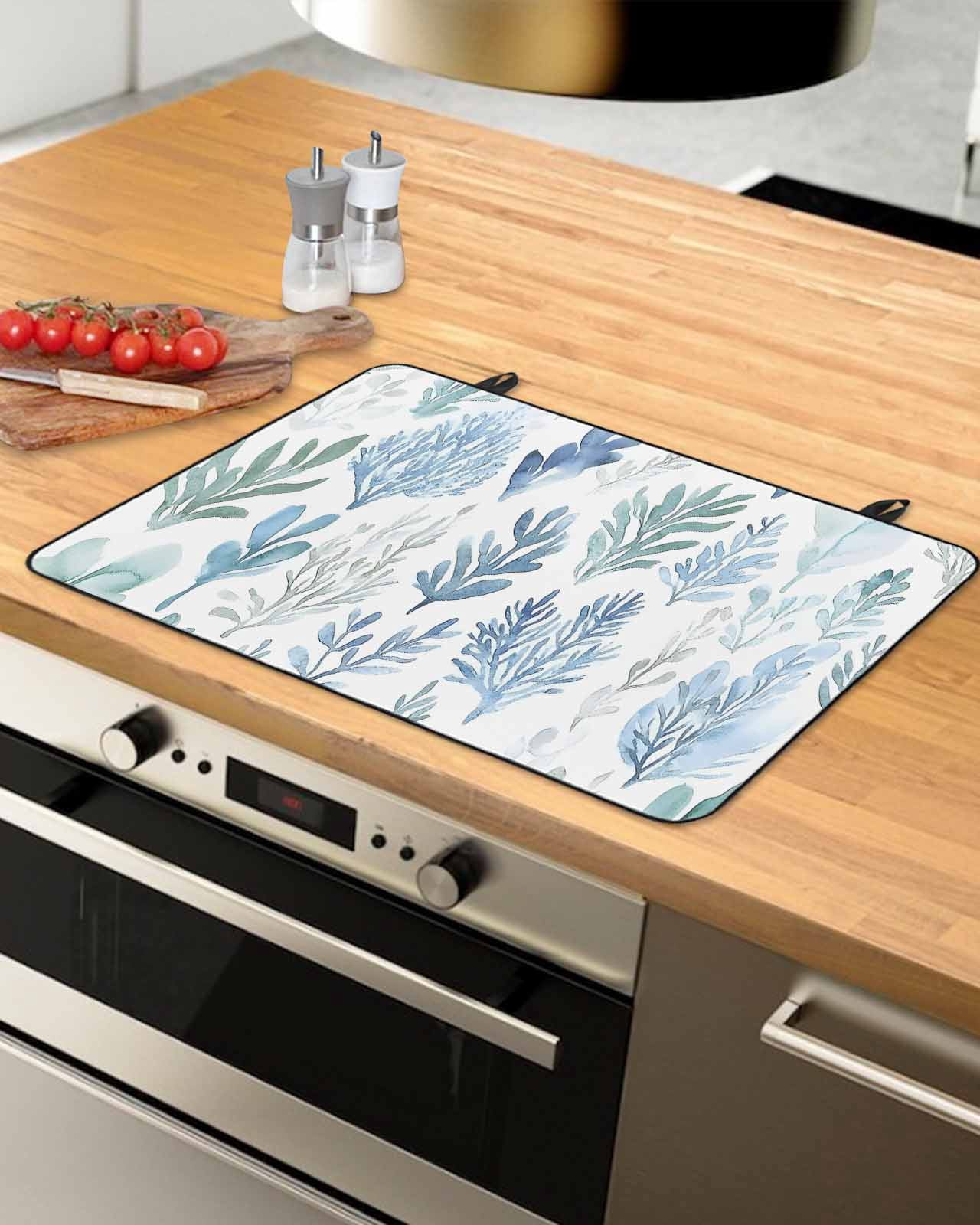 nqOlkjepod Large Induction Cooktop Protector Mat 36"x21", Blue Green Botanical Stove Top Covers for Electric Stove, Retro Summer Watercolor Leaf Plant Stove Burner Cover Mats, Glass Top Stove Cover