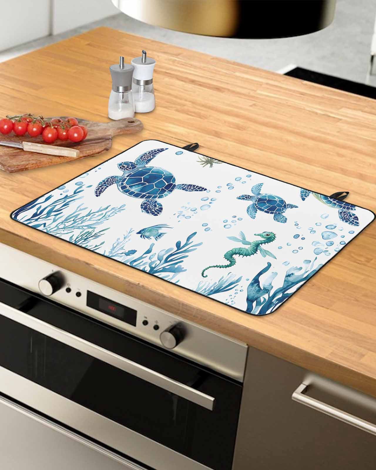 nqOlkjepod Large Induction Cooktop Protector Mat 36"x21", Blue Green Sea Turtle Stove Top Covers for Electric Stove, Summer Ocean Coral Fish Seahorse Stove Burner Cover Mats, Glass Top Stove Cover