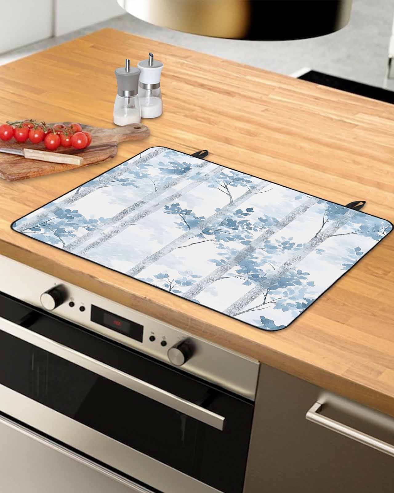 nqOlkjepod Large Induction Cooktop Protector Mat 36"x21", Blue Grey Leaves Stove Top Covers for Electric Stove, Vintage Forest Branches Decorative Stove Burner Cover Mats, Glass Top Stove Cover