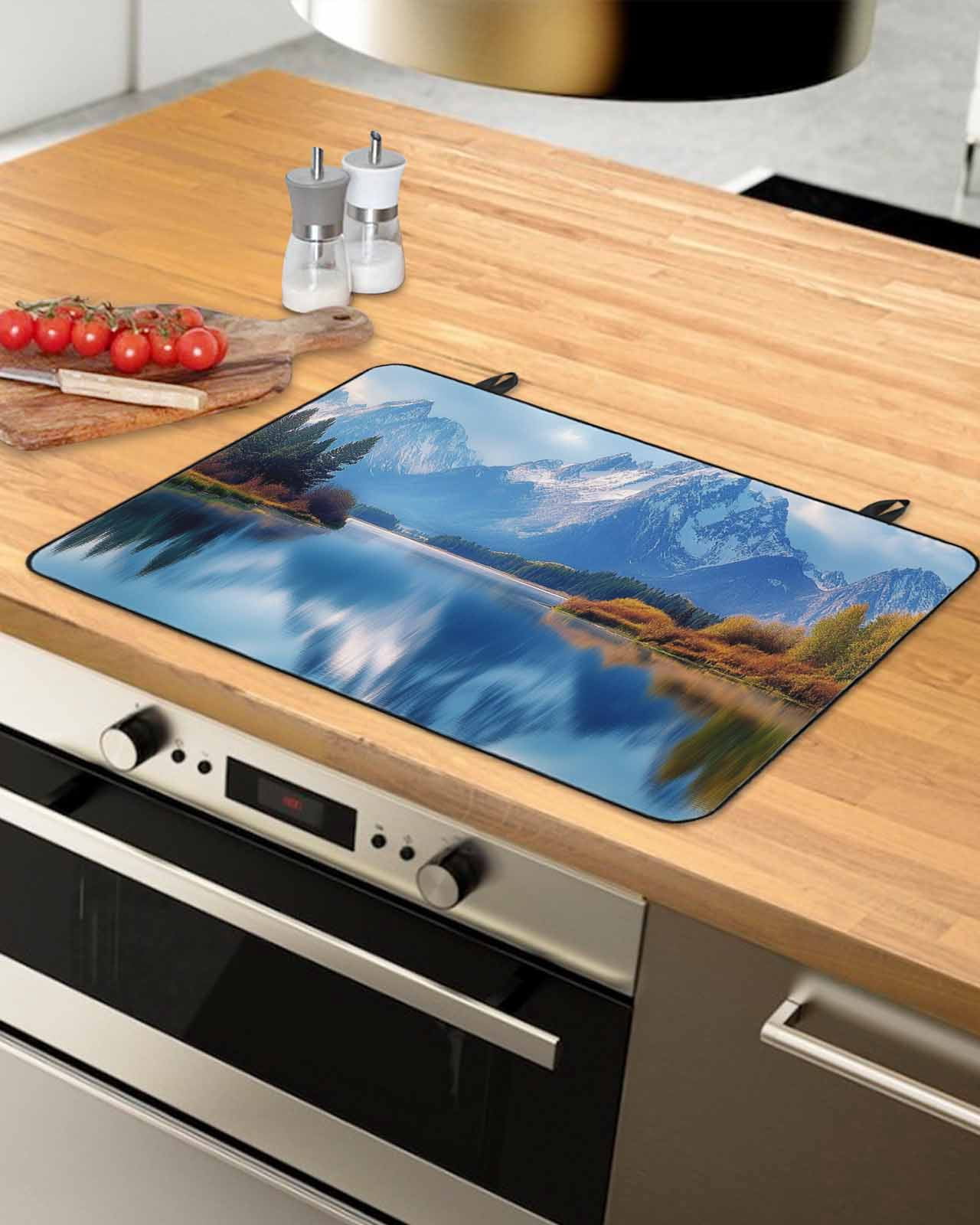 nqOlkjepod Large Induction Cooktop Protector Mat 36"x21", Blue Mountain Stove Top Covers for Electric Stove, Modern Art Farmhouse Forest Decorative Stove Burner Cover Mats, Glass Top Stove Cover