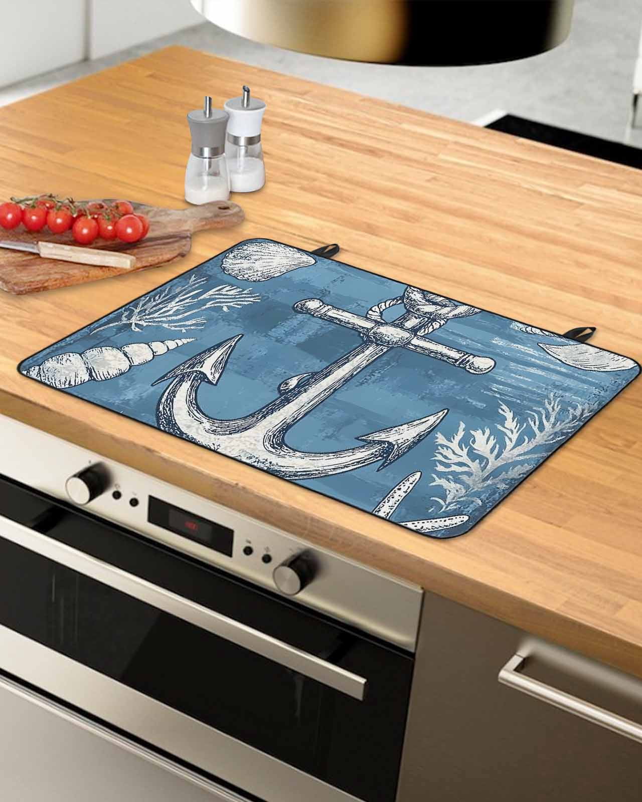 nqOlkjepod Large Induction Cooktop Protector Mat 36"x21", Blue Nautical Anchor Stove Top Covers for Electric Stove, Summer Coastal Ocean Coral Stove Burner Cover Mats, Glass Top Stove Cover