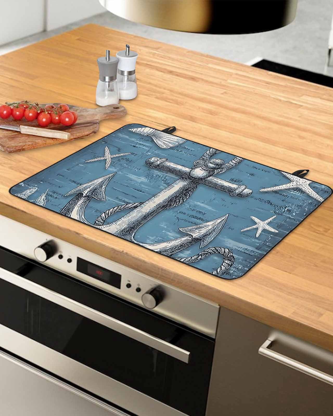 nqOlkjepod Large Induction Cooktop Protector Mat 36"x21", Blue Nautical Anchor Stove Top Covers for Electric Stove, Summer Coastal Ocean Starfish Shell Stove Burner Cover Mats, Glass Top Stove Cover
