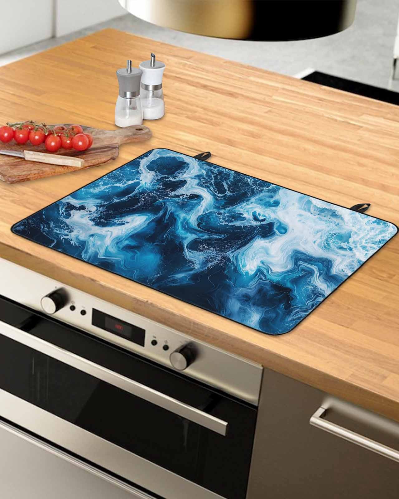 nqOlkjepod Large Induction Cooktop Protector Mat 36"x21", Blue Ocean Stove Top Covers for Electric Stove, White Seawater Coastal Nature Art Decorative Stove Burner Cover Mats, Glass Top Stove Cover