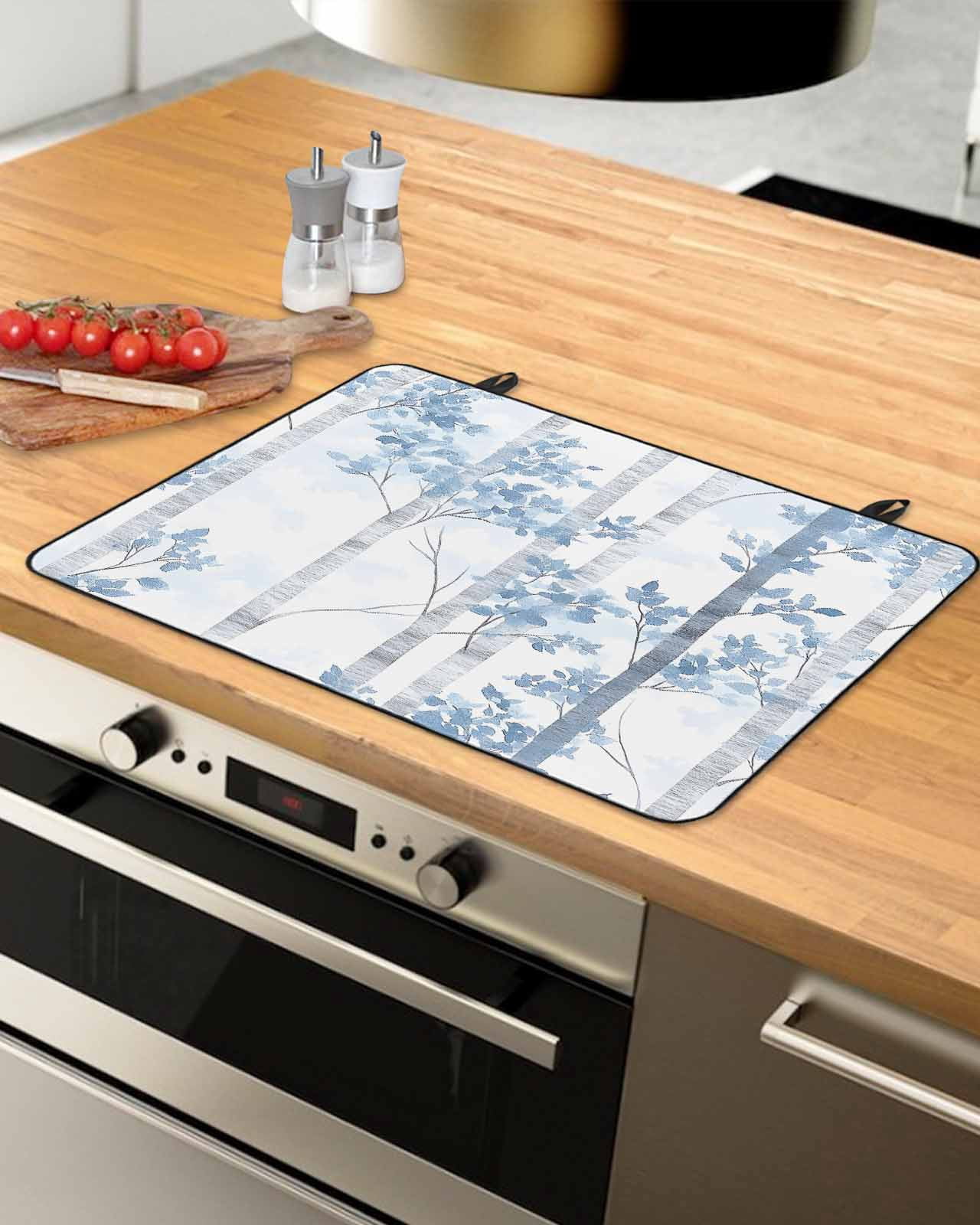 nqOlkjepod Large Induction Cooktop Protector Mat 36"x21", Blue Ombre Leaves Stove Top Covers for Electric Stove, Gray Forest Branches Decorative Stove Burner Cover Mats, Glass Top Stove Cover