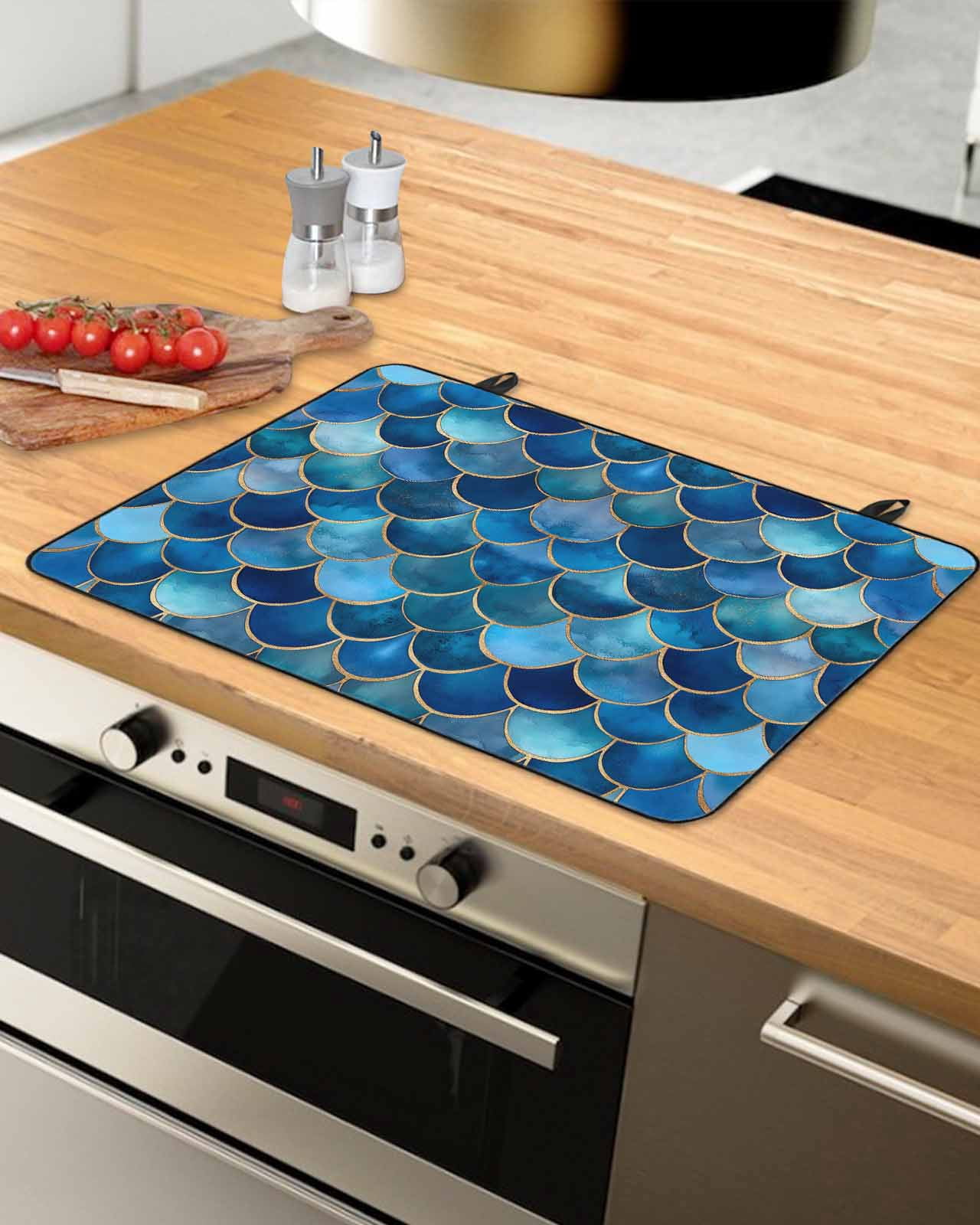 nqOlkjepod Large Induction Cooktop Protector Mat 36"x21", Blue Ombre Scale Stove Top Covers for Electric Stove, Abstract Art Ocean Coastal Decorative Stove Burner Cover Mats, Glass Top Stove Cover