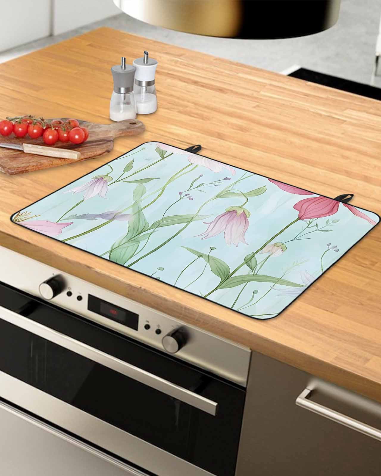 nqOlkjepod Large Induction Cooktop Protector Mat 36"x21", Blue Pink Green Floral Stove Top Covers for Electric Stove, Seasonal Botanical Blooms Stove Burner Cover Mats, Glass Top Stove Cover