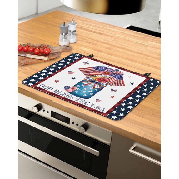 nqOlkjepod Large Induction Cooktop Protector Mat 36"x21", Blue Red 4th of July Stove Top Covers for Electric Stove, Independence Day Star Love Heart Stove Burner Cover Mats, Glass Top Stove Cover