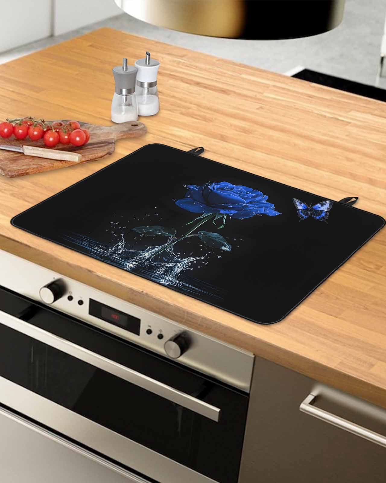 nqOlkjepod Large Induction Cooktop Protector Mat 36"x21", Blue Roses Stove Top Covers for Electric Stove, Modern Art Splash Flowers Butterfly Stove Burner Cover Mats, Glass Top Stove Cover