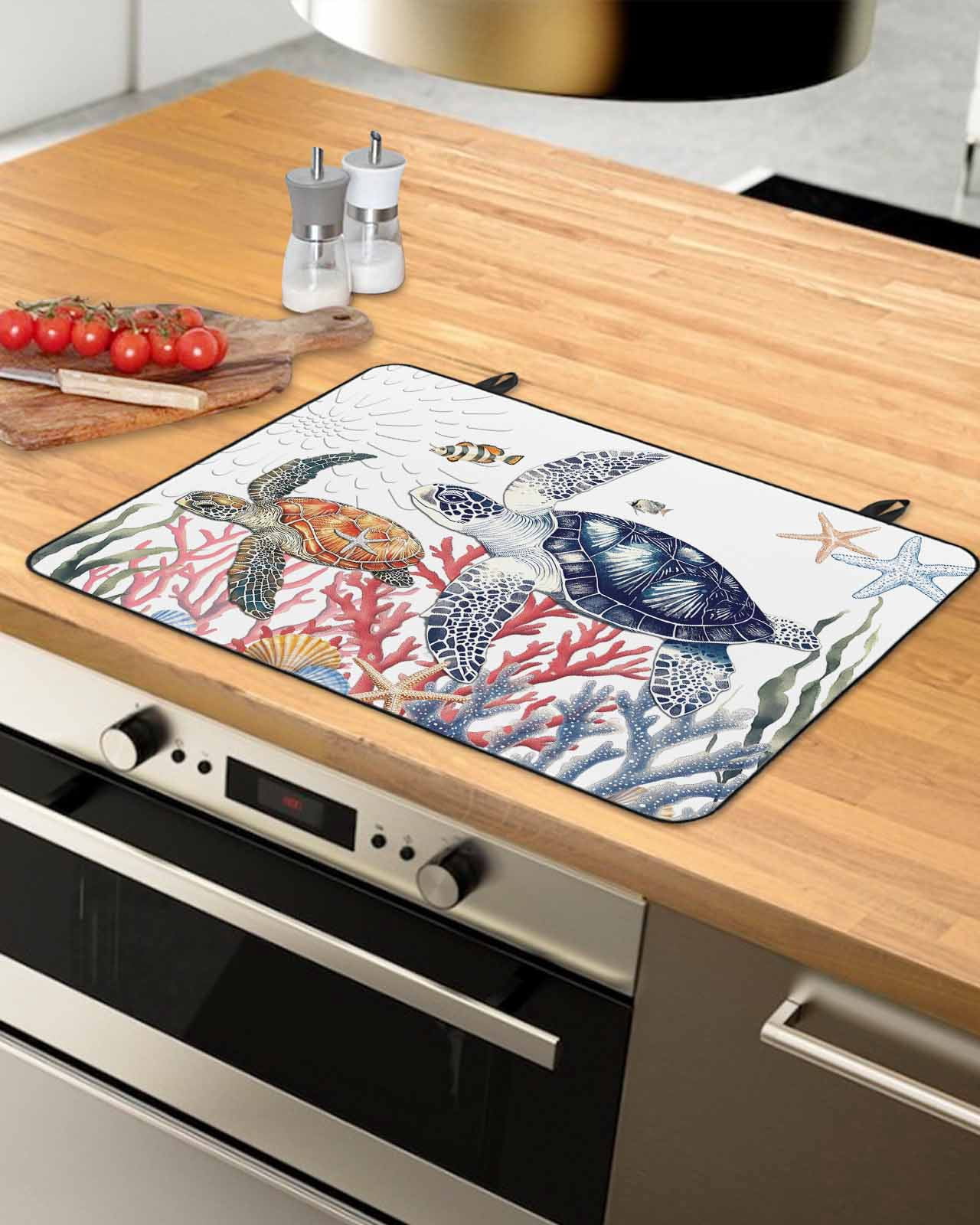 nqOlkjepod Large Induction Cooktop Protector Mat 36"x21", Blue Sea Turtle Coastal Stove Top Covers for Electric Stove, Summer Beach Coral Shell Nautical Stove Burner Cover Mats Stove Cover