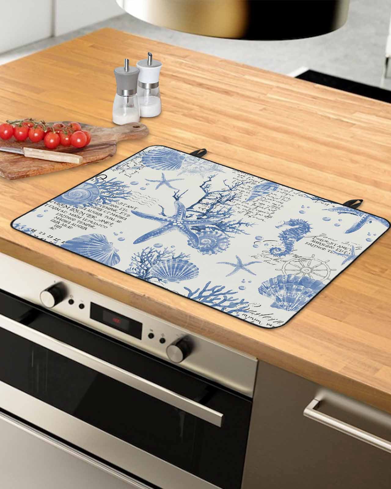 nqOlkjepod Large Induction Cooktop Protector Mat 36"x21", Blue Seashells Stove Top Covers for Electric Stove, Coastal Nautical Ocean Starfish Coral Stove Burner Cover Mats, Glass Top Stove Cover