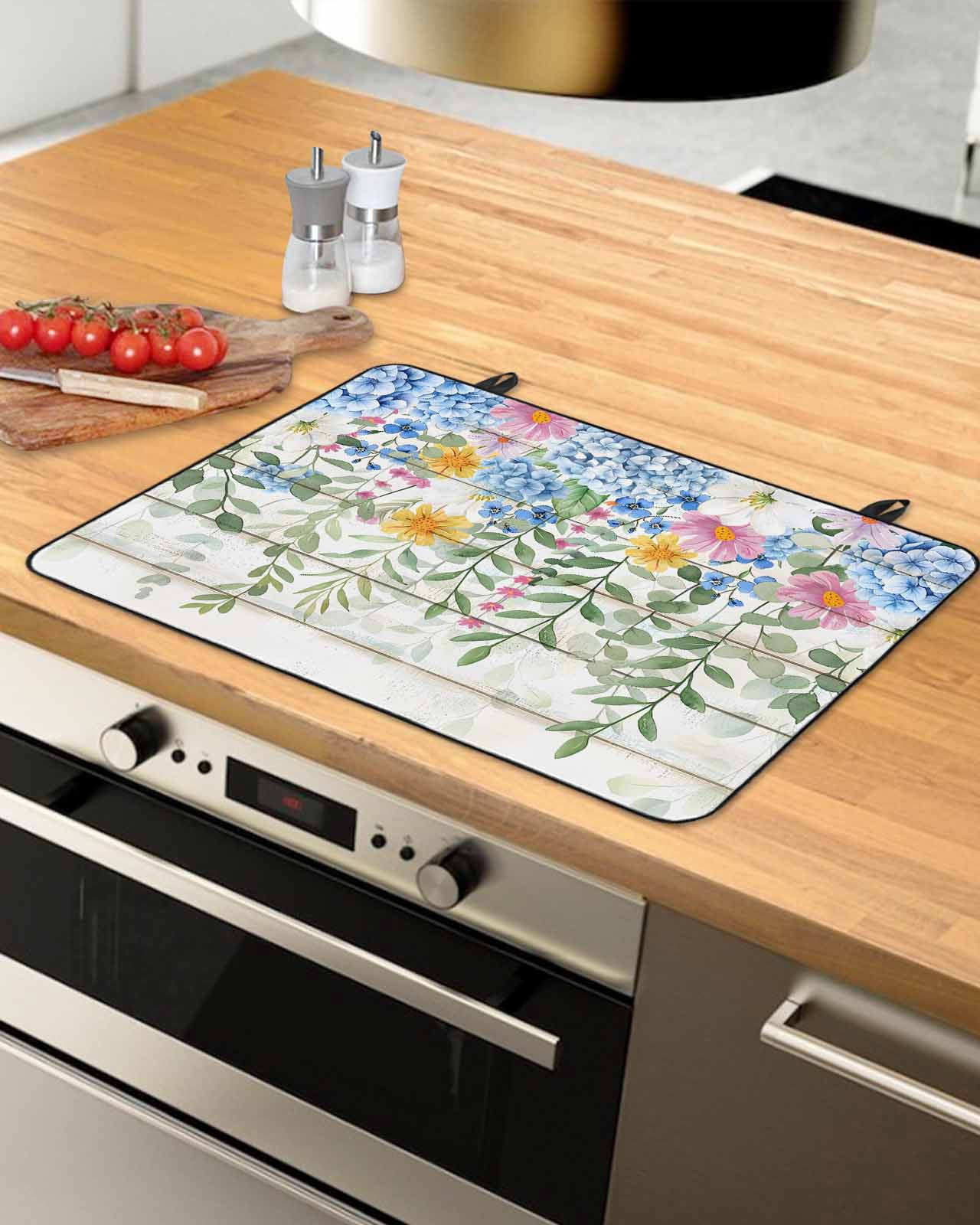 nqOlkjepod Large Induction Cooktop Protector Mat 36"x21", Blue Spring Floral Stove Top Covers for Electric Stove, Summer Botanical Pastoral Wooden Stove Burner Cover Mats, Glass Top Stove Cover