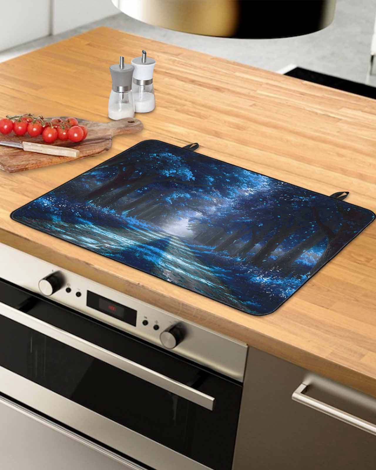 nqOlkjepod Large Induction Cooktop Protector Mat 36"x21", Blue Trees Stove Top Covers for Electric Stove, Forest Art Decor Spring Summer Nature Leaf Stove Burner Cover Mats, Glass Top Stove Cover