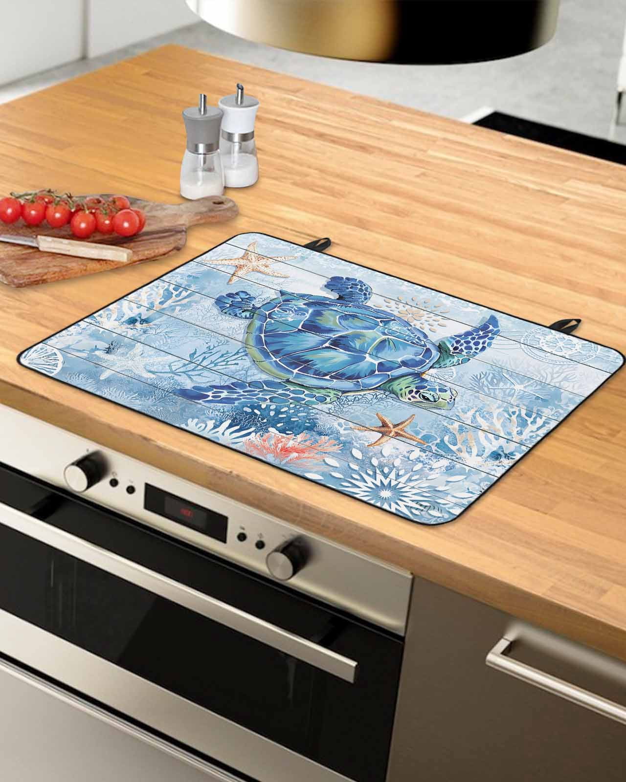 nqOlkjepod Large Induction Cooktop Protector Mat 36"x21", Blue Turtle Coastal Stove Top Covers for Electric Stove, Summer Beach Starfish Nautical Stove Burner Cover Mats, Glass Top Stove Cover