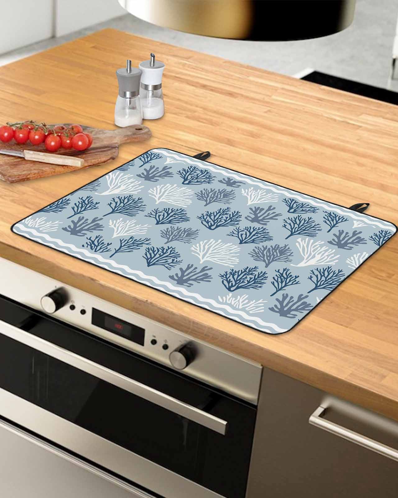nqOlkjepod Large Induction Cooktop Protector Mat 36"x21", Blue White Coral Stove Top Covers for Electric Stove, Summer Beach Coastal Ocean Stripes Stove Burner Cover Mats, Glass Top Stove Cover