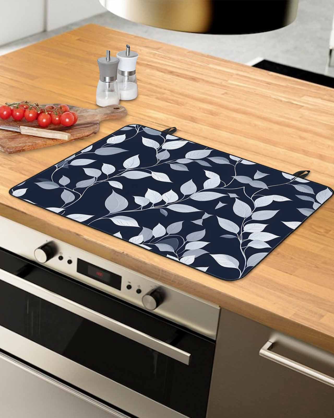 nqOlkjepod Large Induction Cooktop Protector Mat 36"x21", Blue White Eucalyptus Stove Top Covers for Electric Stove, Spring Summer Watercolor Leaf Stove Burner Cover Mats, Glass Top Stove Cover